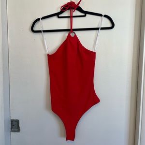 RED HALTER BODYSUIT FROM LULU